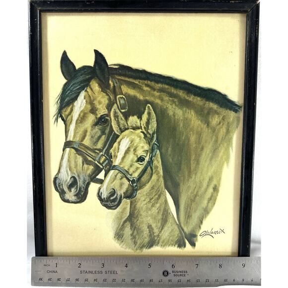 Vintage Ole Larsen Horse & Foal Print 9x11.5 Framed Equestrian Art Lithograph - Picture 3 of 6